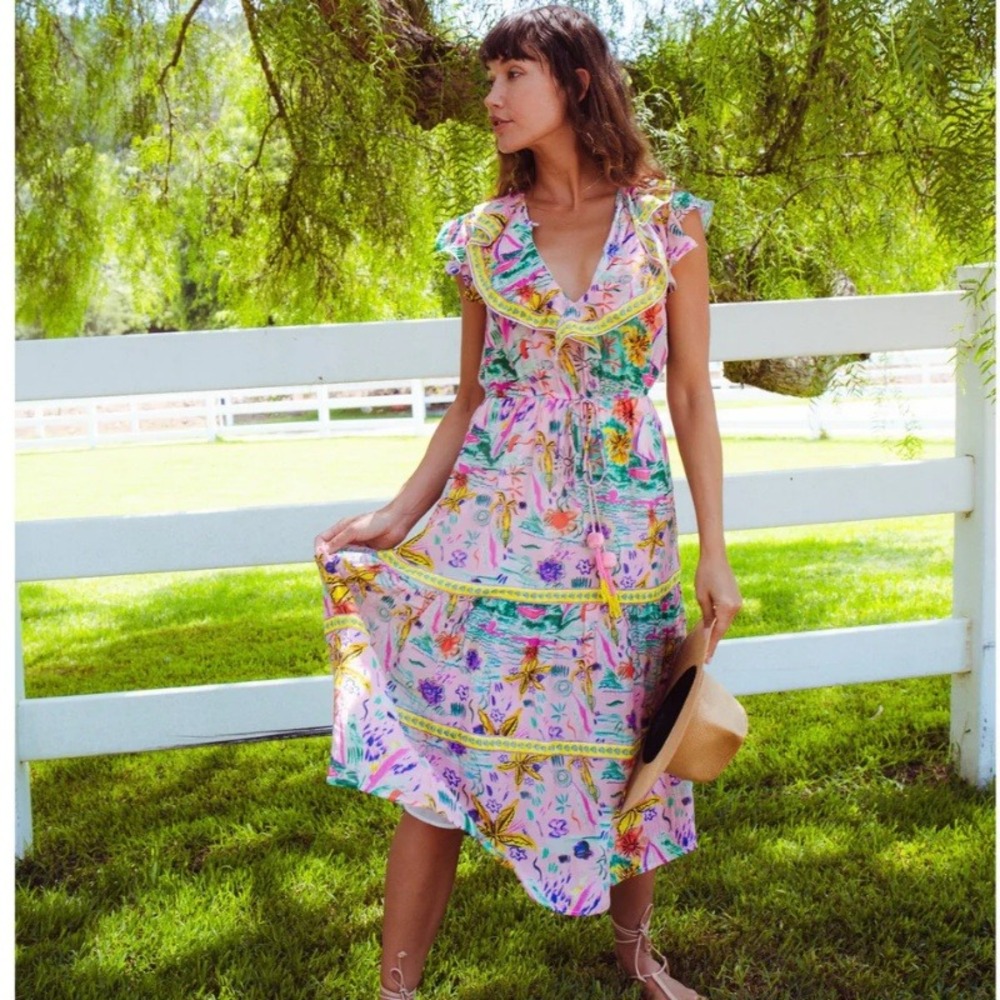 Bell by Alicia Bell Sylvie Midi Dress Tropical Print Ruffle Pom Pom Size Small
